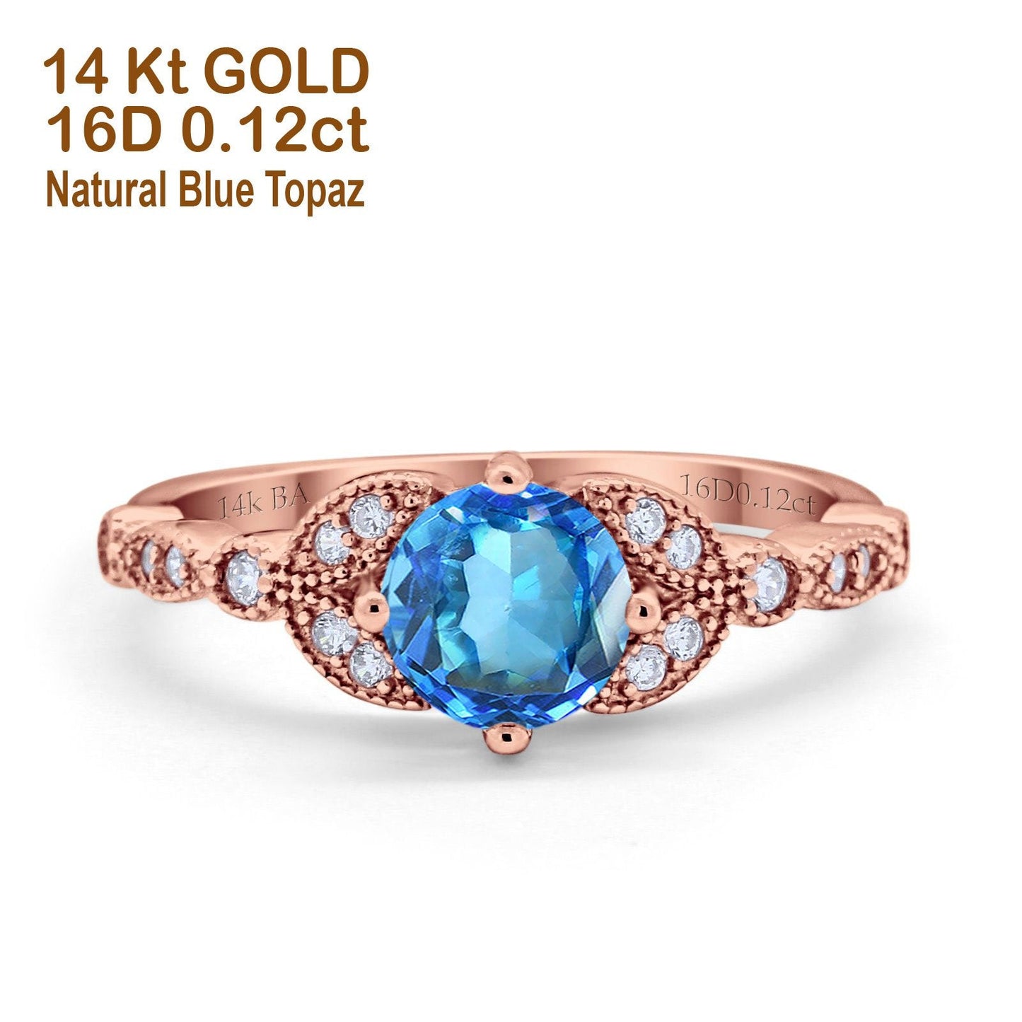 14K Rose Gold 0.96ct Round Art Deco 6mm G SI Natural Blue Topaz Diamond Engagement Wedding Ring Size 6.5