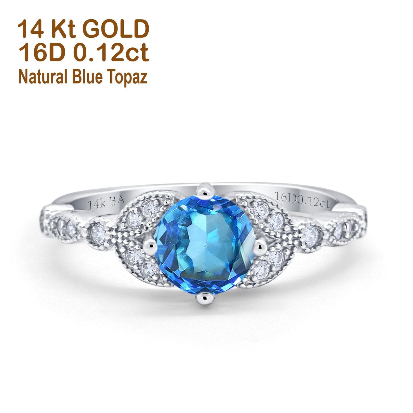 Bague de fiançailles en or blanc 14 carats 0,96 ct Art déco ronde 6 mm G SI avec topaze bleue naturelle et diamant taille 6,5