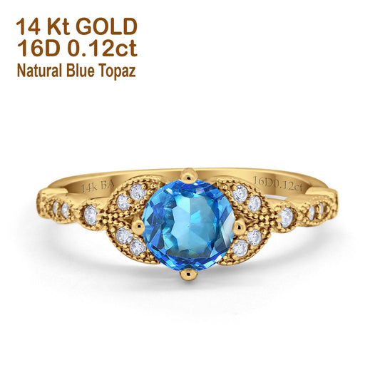 14K Yellow Gold 0.96ct Round Art Deco 6mm G SI Natural Blue Topaz Diamond Engagement Wedding Ring Size 6.5