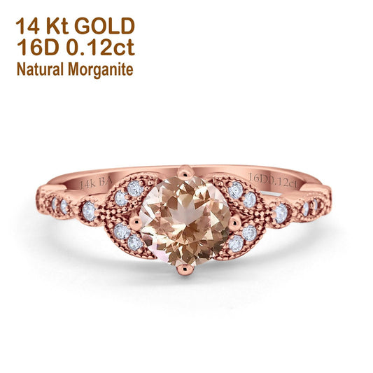 14K Rose Gold 0.96ct Round Art Deco 6mm G SI Natural Morganite Diamond Engagement Wedding Ring Size 6.5