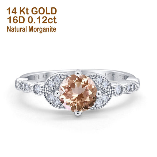 14K White Gold 0.96ct Round Art Deco 6mm G SI Natural Morganite Diamond Engagement Wedding Ring Size 6.5