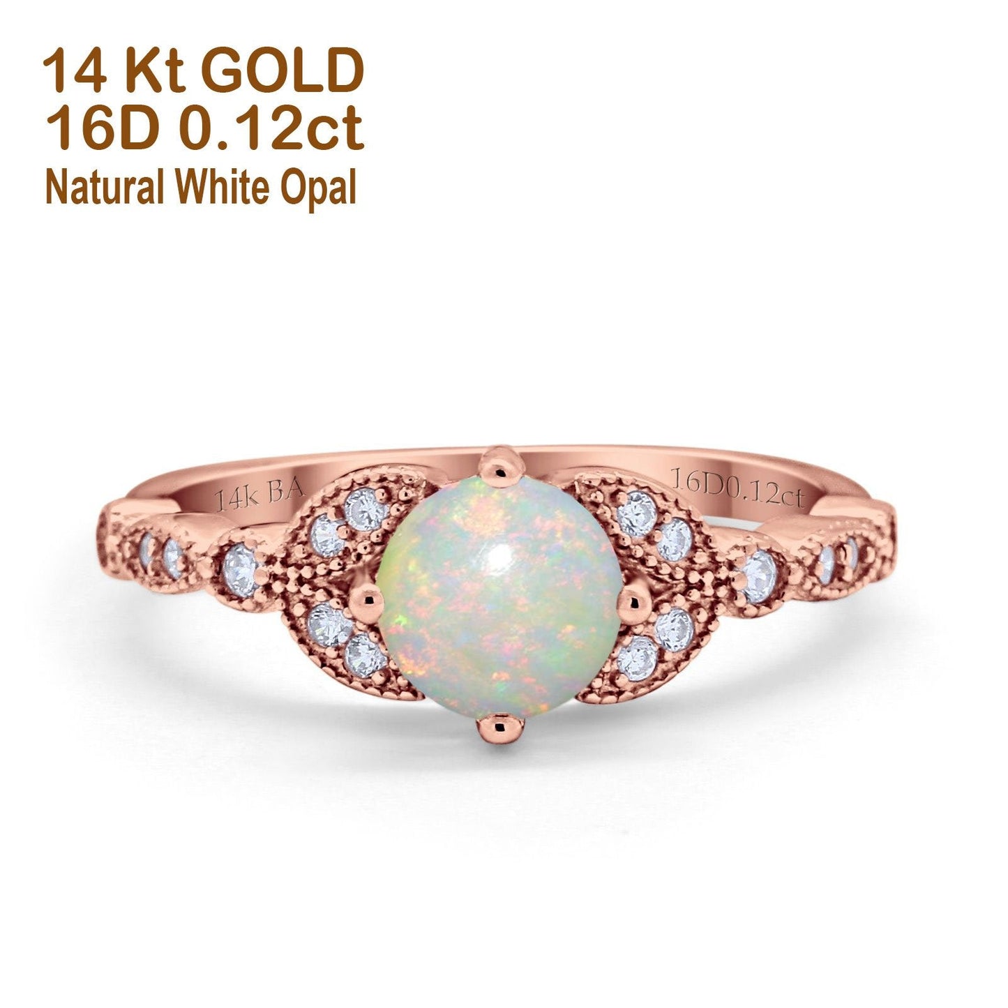 14K Rose Gold 0.12ct Round Art Deco 6mm G SI Natural White Opal Diamond Engagement Wedding Ring Size 6.5