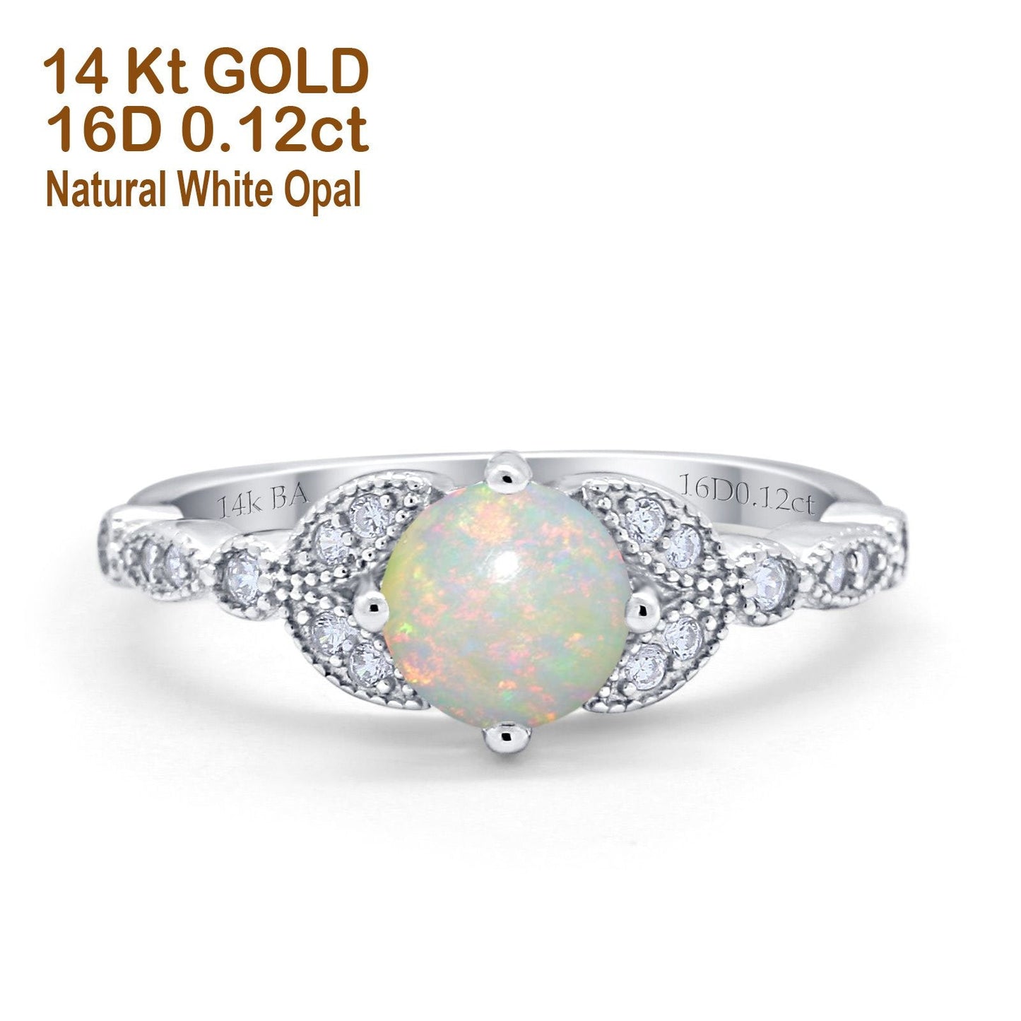 14K White Gold 0.12ct Round Art Deco 6mm G SI Natural White Opal Diamond Engagement Wedding Ring Size 6.5