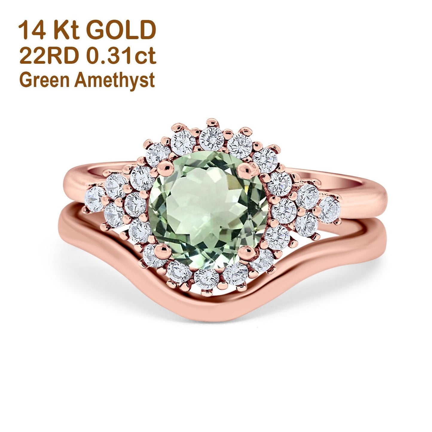 14K Rose Gold 1.59ct Round Two Piece Halo 7mm G SI Natural Green Amethyst Diamond Engagement Wedding Ring Size 6.5