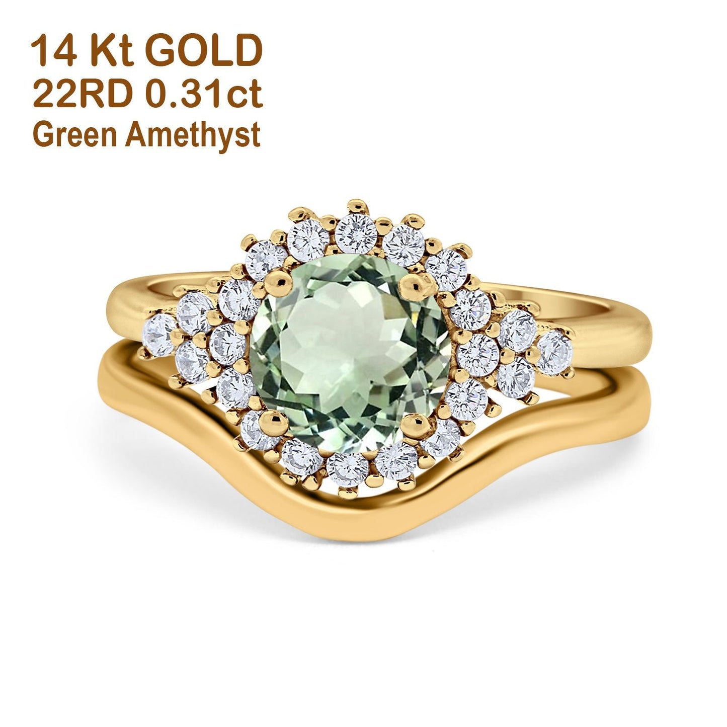 14K Yellow Gold 1.59ct Round Two Piece Halo 7mm G SI Natural Green Amethyst Diamond Engagement Wedding Ring Size 6.5