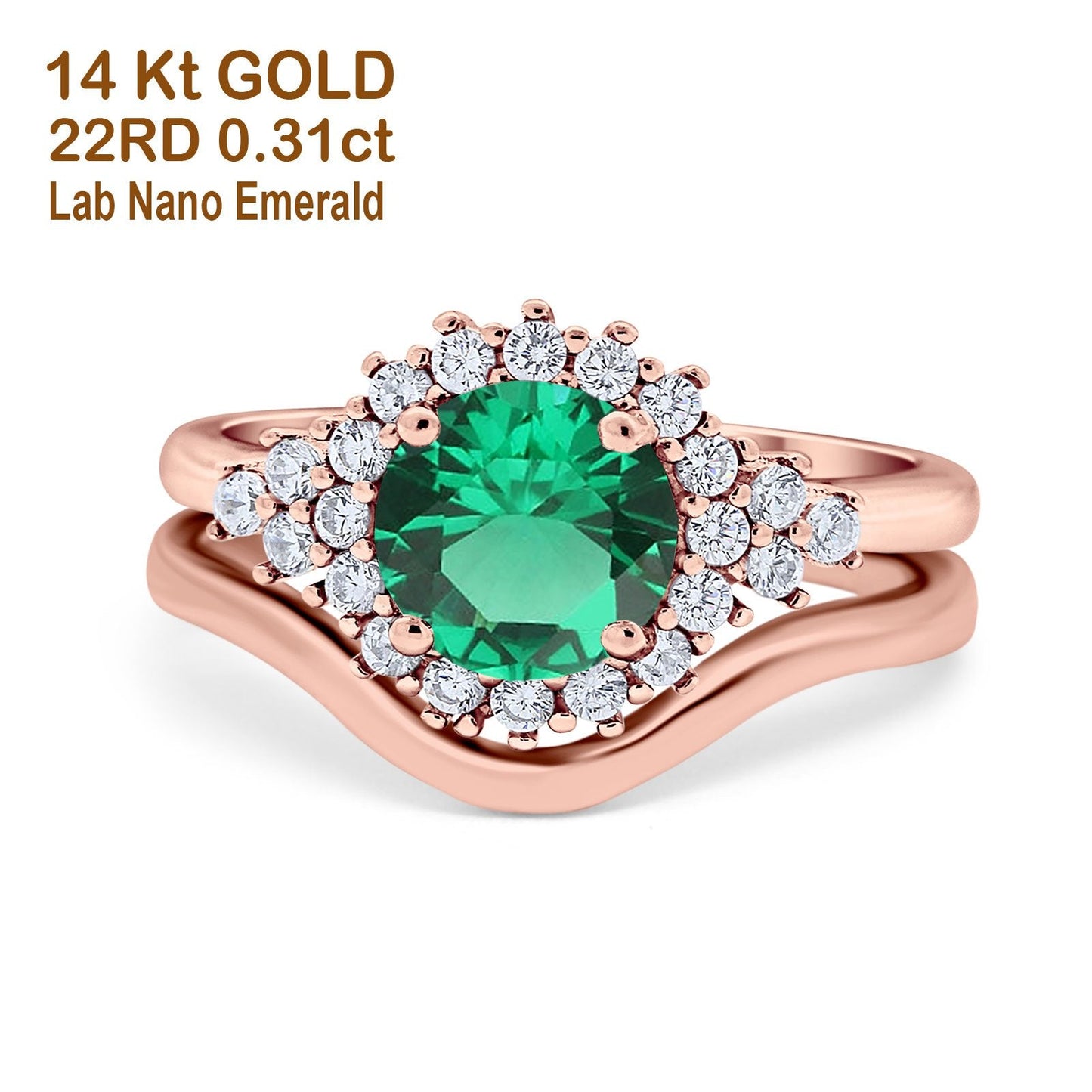 14K Rose Gold 1.59ct Round Two Piece Halo 7mm G SI Nano Emerald Diamond Engagement Wedding Ring Size 6.5