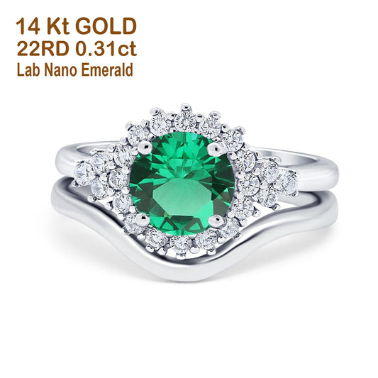 14K White Gold 1.59ct Round Two Piece Halo 7mm G SI Nano Emerald Diamond Engagement Wedding Ring Size 6.5