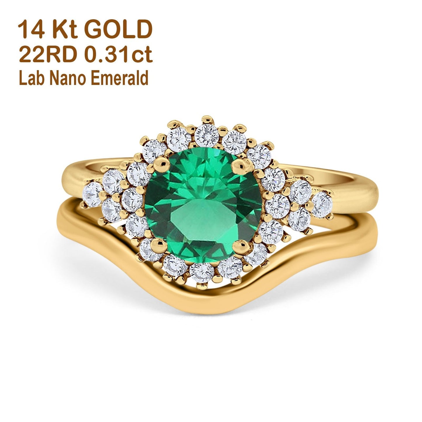 14K Yellow Gold 1.59ct Round Two Piece Halo 7mm G SI Nano Emerald Diamond Engagement Wedding Ring Size 6.5