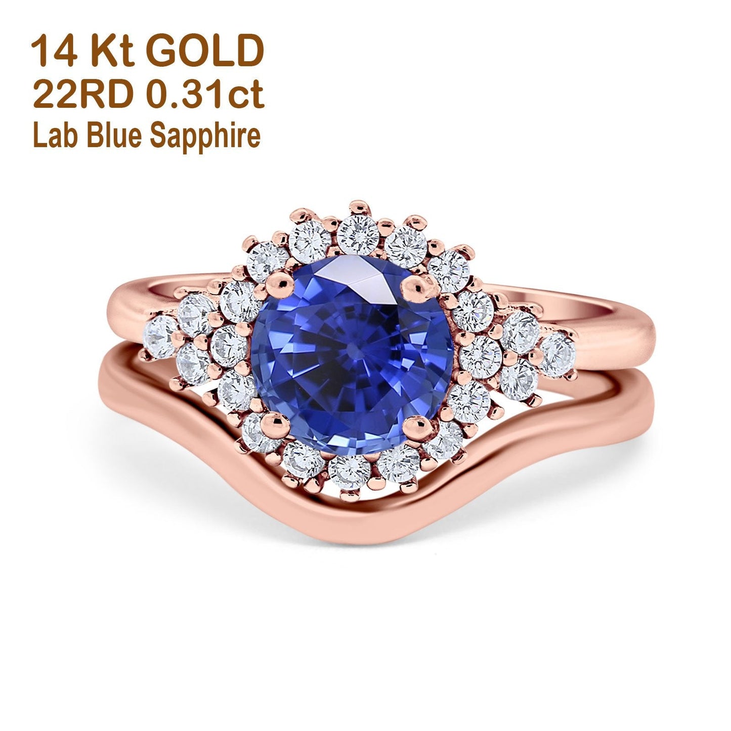 14K Rose Gold 1.59ct Round Two Piece Halo 7mm G SI Nano Blue Sapphire Diamond Engagement Wedding Ring Size 6.5