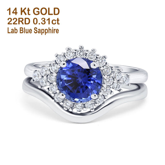 14K White Gold 1.59ct Round Two Piece Halo 7mm G SI Nano Blue Sapphire Diamond Engagement Wedding Ring Size 6.5