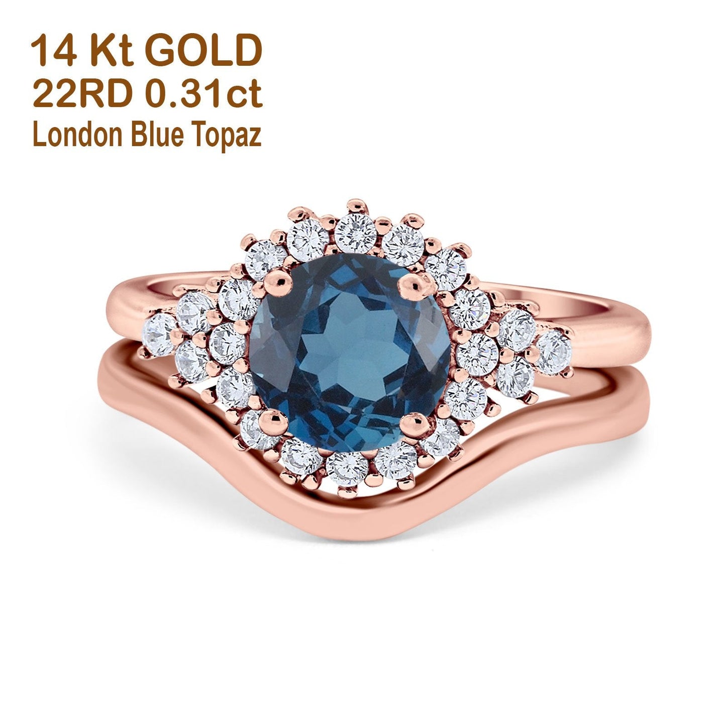 14K Rose Gold 1.59ct Round Two Piece Halo 7mm G SI London Blue Topaz Diamond Engagement Wedding Ring Size 6.5