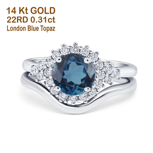 14K White Gold 1.59ct Round Two Piece Halo 7mm G SI London Blue Topaz Diamond Engagement Wedding Ring Size 6.5