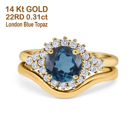 14K Yellow Gold 1.59ct Round Two Piece Halo 7mm G SI London Blue Topaz Diamond Engagement Wedding Ring Size 6.5