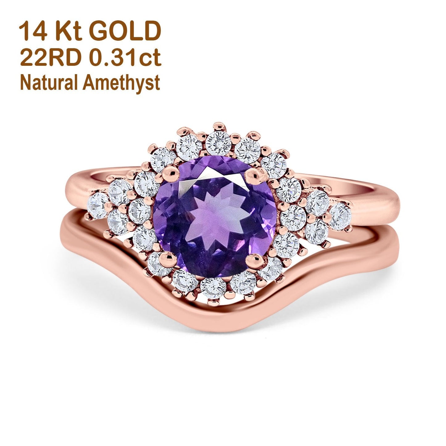 14K Rose Gold 1.59ct Round Two Piece Halo 7mm G SI Natural Amethyst Diamond Engagement Wedding Ring Size 6.5