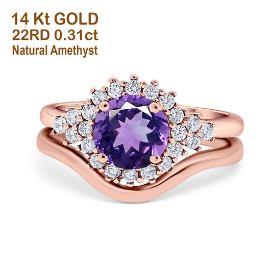 14K Rose Gold 1.59ct Round Two Piece Halo 7mm G SI Natural Amethyst Diamond Engagement Wedding Ring Size 6.5