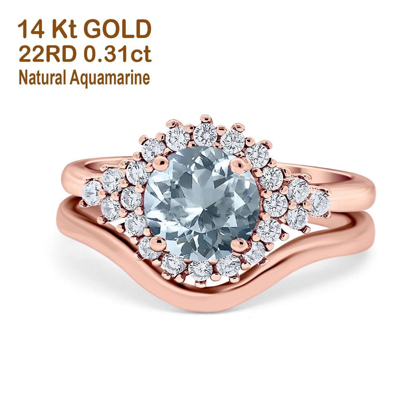 14K Rose Gold 1.59ct Round Two Piece Halo 7mm G SI Natural Aquamarine Diamond Engagement Wedding Ring Size 6.5