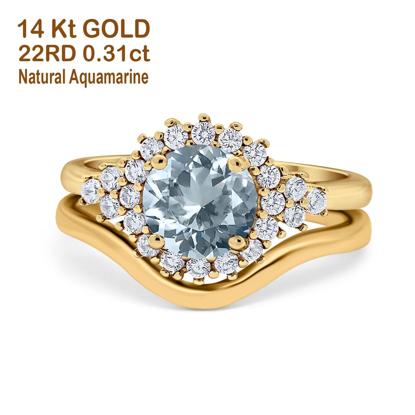 14K Yellow Gold 1.59ct Round Two Piece Halo 7mm G SI Natural Aquamarine Diamond Engagement Wedding Ring Size 6.5