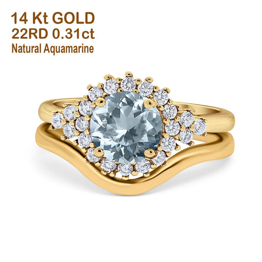 14K Yellow Gold 1.59ct Round Two Piece Halo 7mm G SI Natural Aquamarine Diamond Engagement Wedding Ring Size 6.5