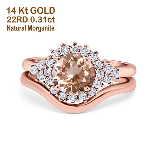 14K Rose Gold 1.59ct Round Two Piece Halo 7mm G SI Natural Morganite Diamond Engagement Wedding Ring Size 6.5