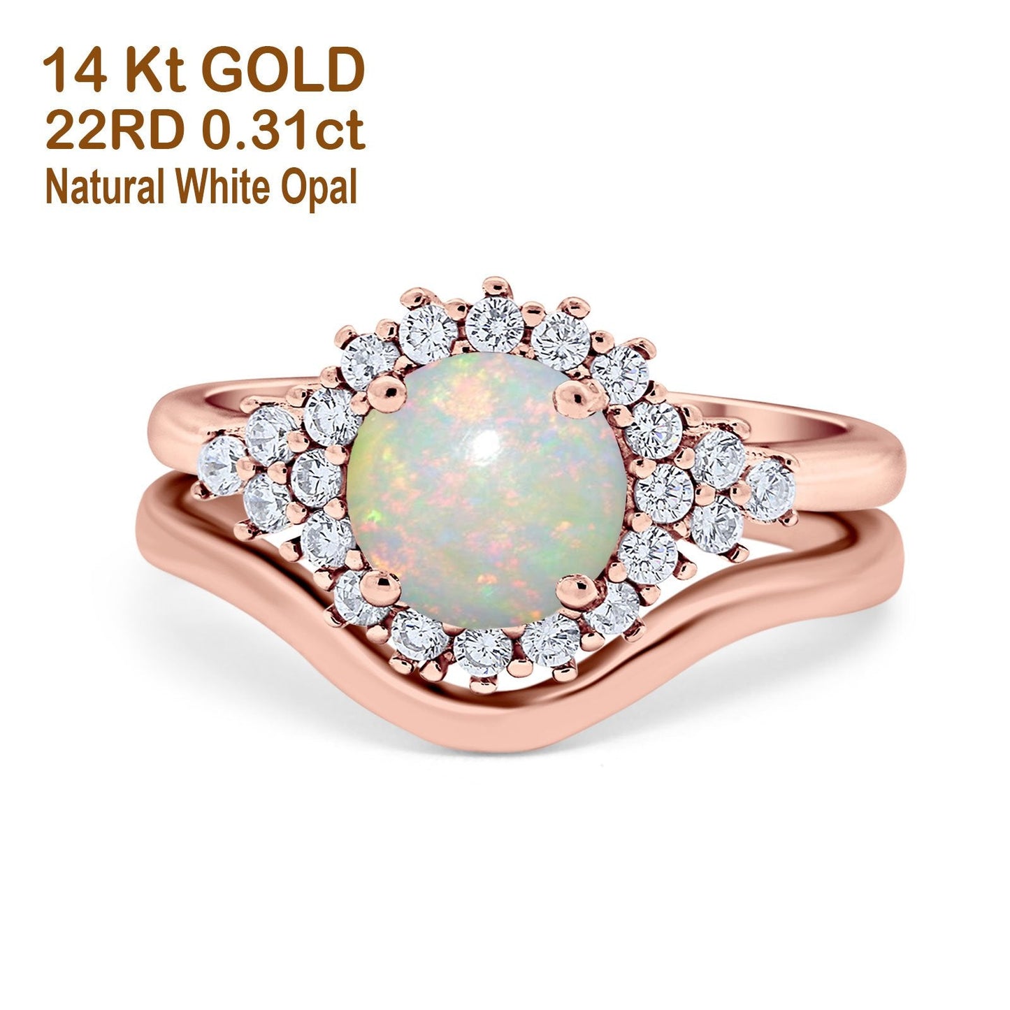 14K Rose Gold 0.31ct Round Two Piece Halo 7mm G SI Natural White Opal Diamond Engagement Wedding Ring Size 6.5