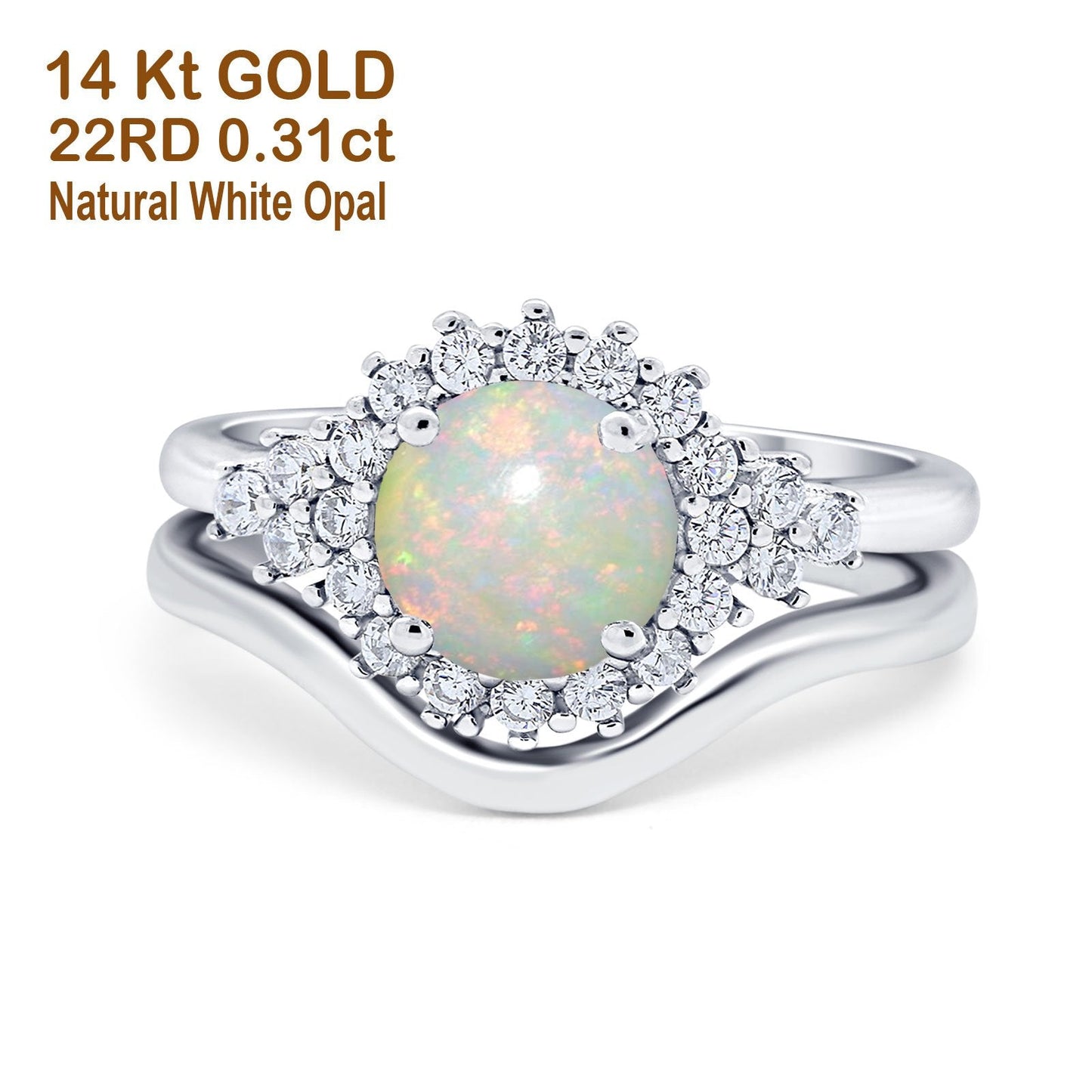 14K White Gold 0.31ct Round Two Piece Halo 7mm G SI Natural White Opal Diamond Engagement Wedding Ring Size 6.5