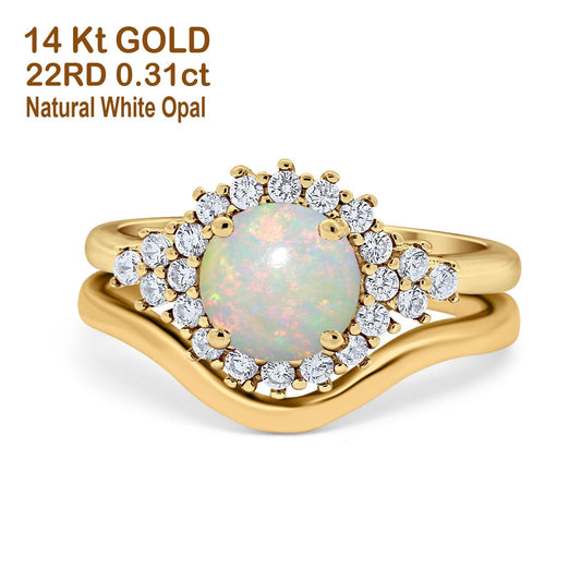 14K Yellow Gold 0.31ct Round Two Piece Halo 7mm G SI Natural White Opal Diamond Engagement Wedding Ring Size 6.5