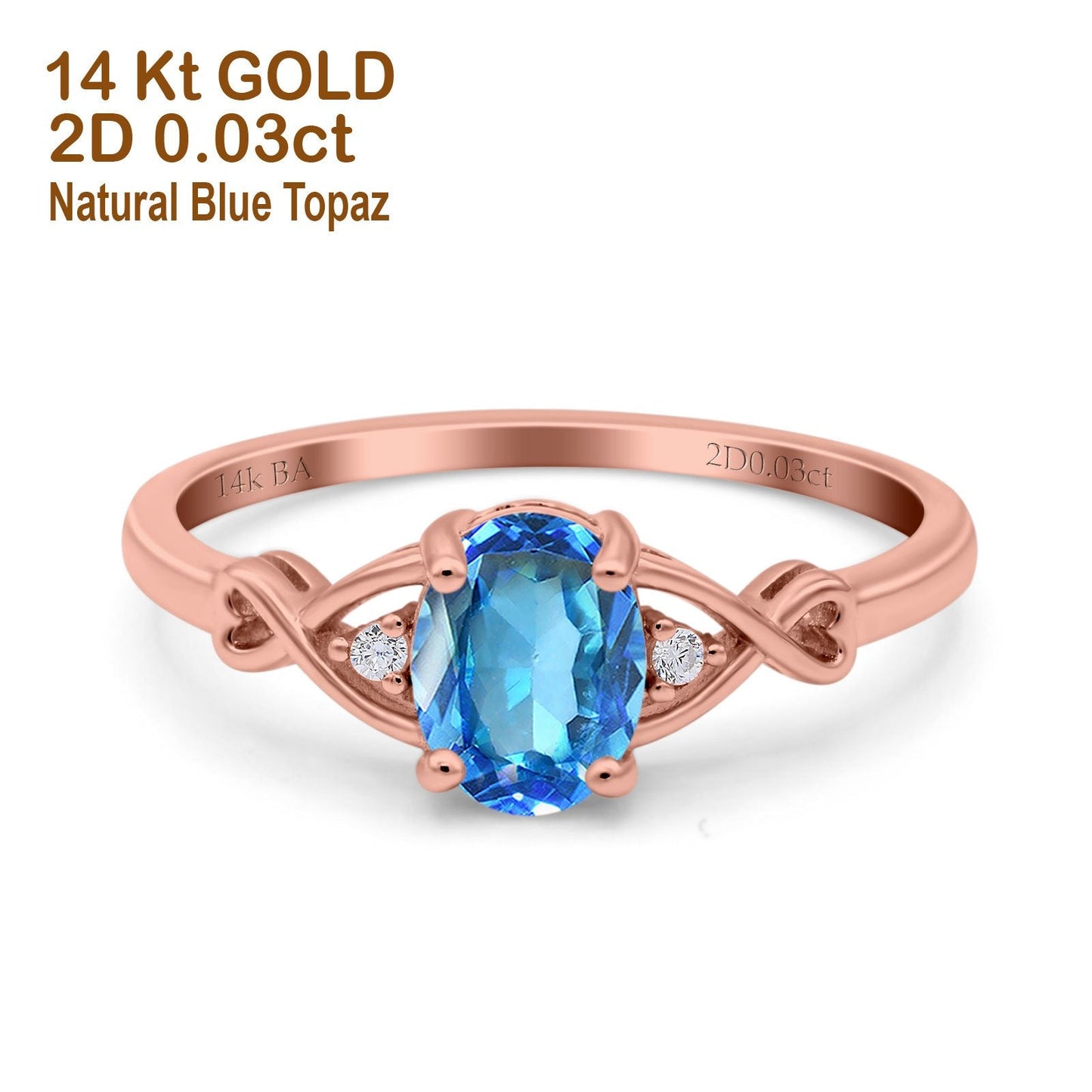 14K Rose Gold 1.24ct Oval Filigree Infinity 8mmx6mm G SI Natural Blue Topaz Diamond Engagement Wedding Ring Size 6.5