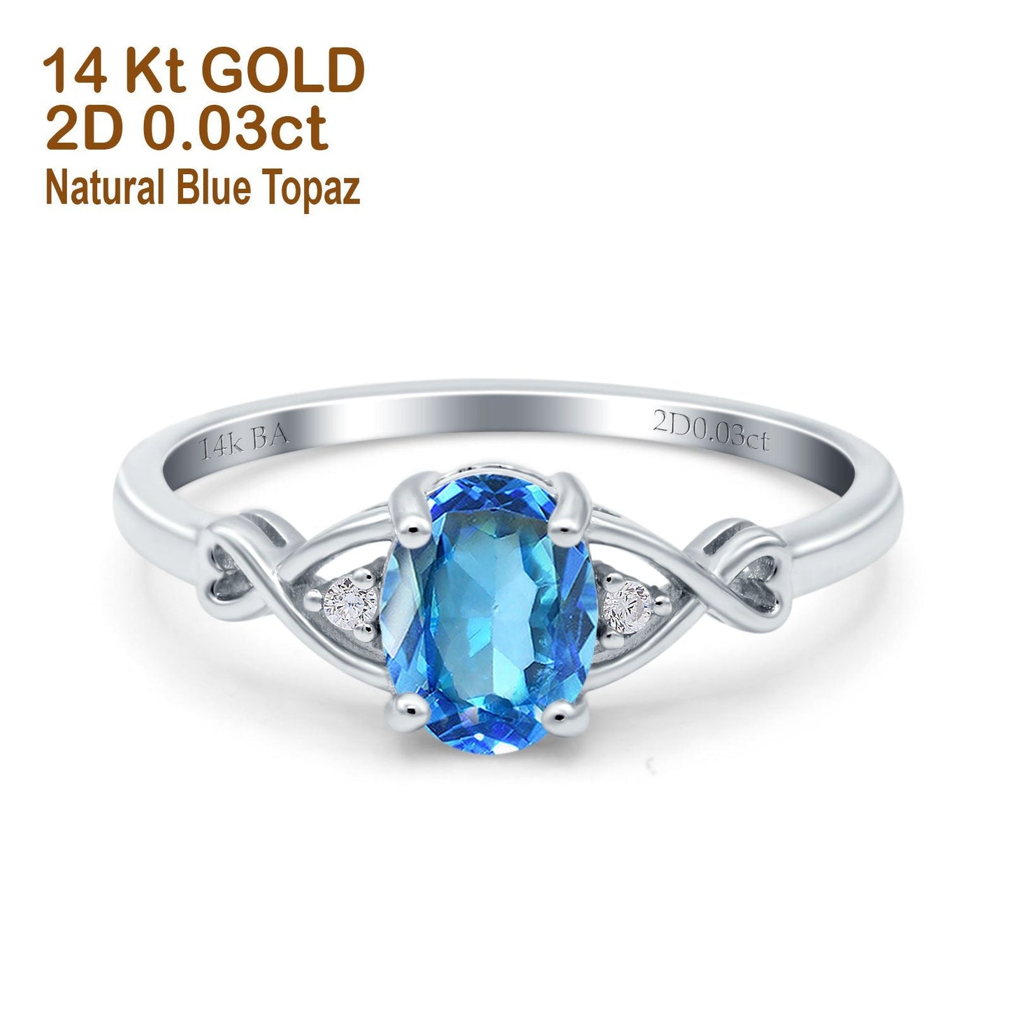 14K White Gold 1.24ct Oval Filigree Infinity 8mmx6mm G SI Natural Blue Topaz Diamond Engagement Wedding Ring Size 6.5