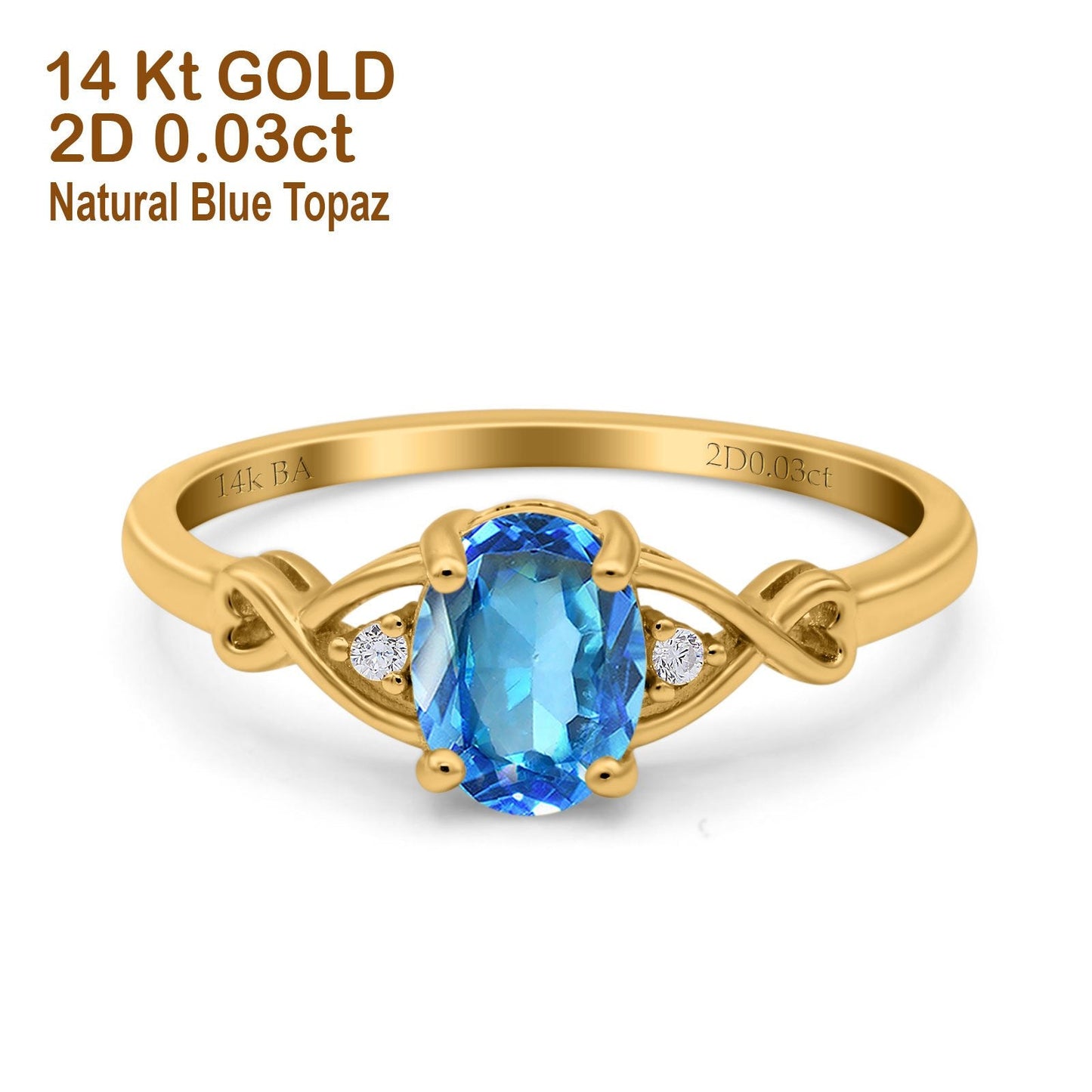 14K Yellow Gold 1.24ct Oval Filigree Infinity 8mmx6mm G SI Natural Blue Topaz Diamond Engagement Wedding Ring Size 6.5