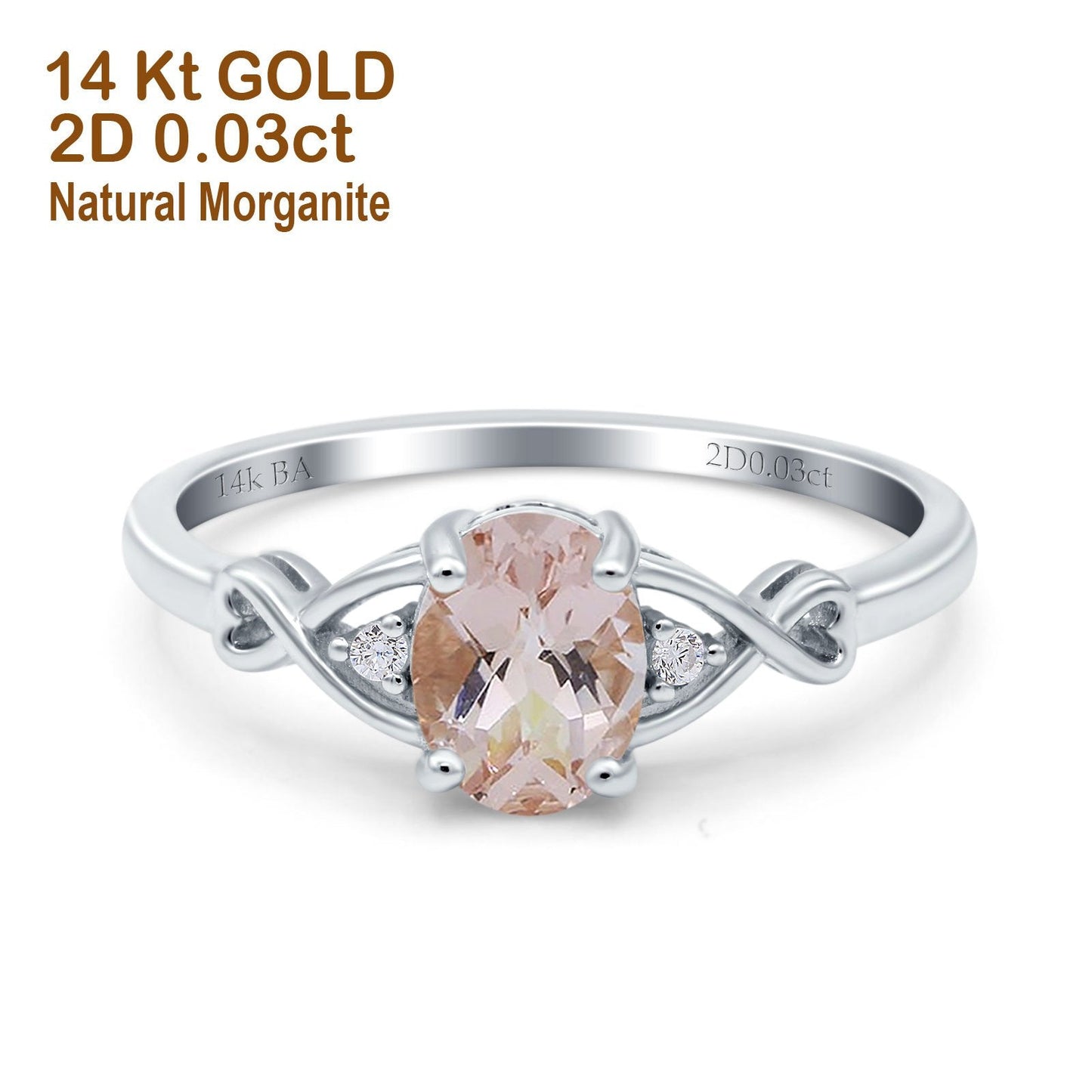 14K White Gold 1.24ct Oval Filigree Infinity 8mmx6mm G SI Natural Morganite Diamond Engagement Wedding Ring Size 6.5