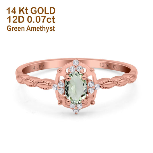 14K Rose Gold 0.5ct Oval Vintage Floral 6mmx4mm G SI Natural Green Amethyst Diamond Engagement Wedding Ring Size 6.5