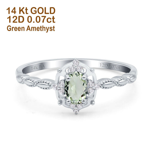 14K White Gold 0.5ct Oval Vintage Floral 6mmx4mm G SI Natural Green Amethyst Diamond Engagement Wedding Ring Size 6.5