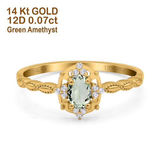 14K Yellow Gold 0.5ct Oval Vintage Floral 6mmx4mm G SI Natural Green Amethyst Diamond Engagement Wedding Ring Size 6.5