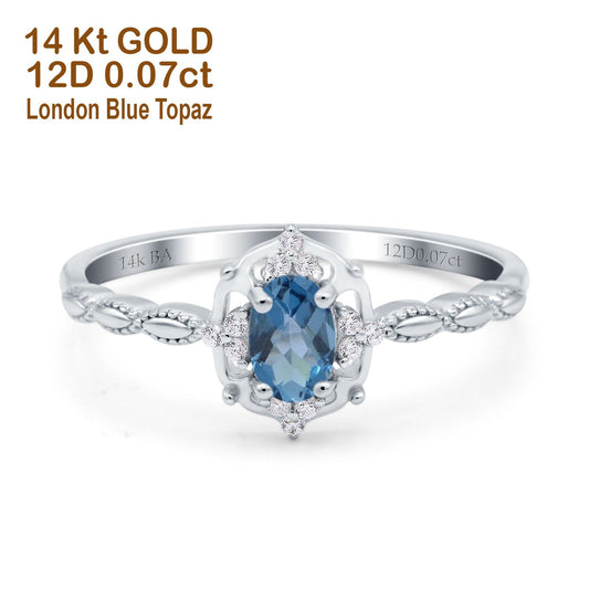 14K White Gold 0.5ct Oval Vintage Floral 6mmx4mm G SI London Blue Topaz Diamond Engagement Wedding Ring Size 6.5