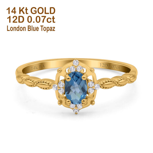 14K Yellow Gold 0.5ct Oval Vintage Floral 6mmx4mm G SI London Blue Topaz Diamond Engagement Wedding Ring Size 6.5