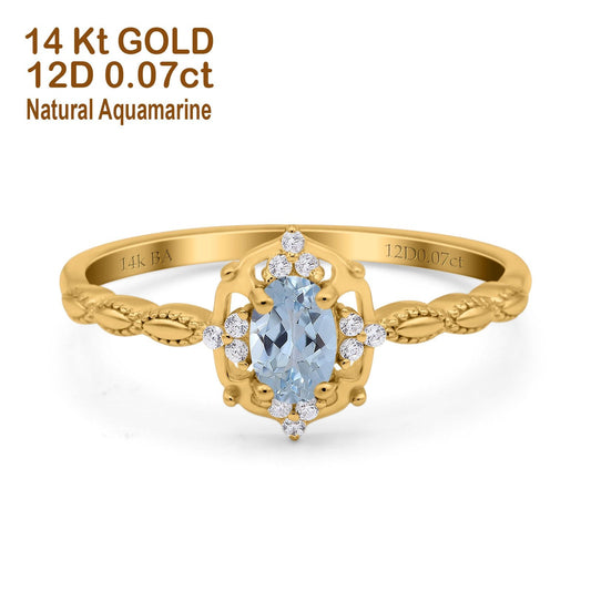 14K Yellow Gold 0.5ct Oval Vintage Floral 6mmx4mm G SI Natural Aquamarine Diamond Engagement Wedding Ring Size 6.5