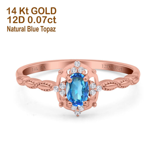 14K Rose Gold 0.5ct Oval Vintage Floral 6mmx4mm G SI Natural Blue Topaz Diamond Engagement Wedding Ring Size 6.5