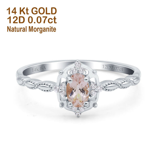 14K White Gold 0.5ct Oval Vintage Floral 6mmx4mm G SI Natural Morganite Diamond Engagement Wedding Ring Size 6.5