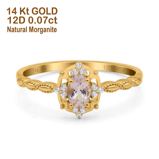 14K Yellow Gold 0.5ct Oval Vintage Floral 6mmx4mm G SI Natural Morganite Diamond Engagement Wedding Ring Size 6.5