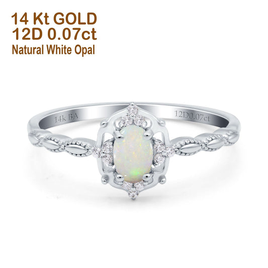 14K White Gold 0.07ct Oval Vintage Floral 6mmx4mm G SI Natural White Opal Diamond Engagement Wedding Ring Size 6.5