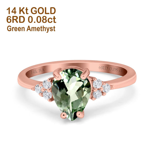 14K Rose Gold 1.33ct Teardrop Pear 8mmx6mm G SI Natural Green Amethyst Diamond Engagement Wedding Ring Size 6.5