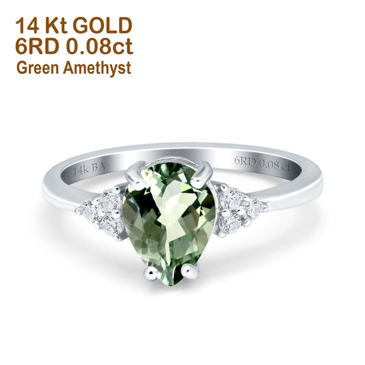 14K White Gold 1.33ct Teardrop Pear 8mmx6mm G SI Natural Green Amethyst Diamond Engagement Wedding Ring Size 6.5