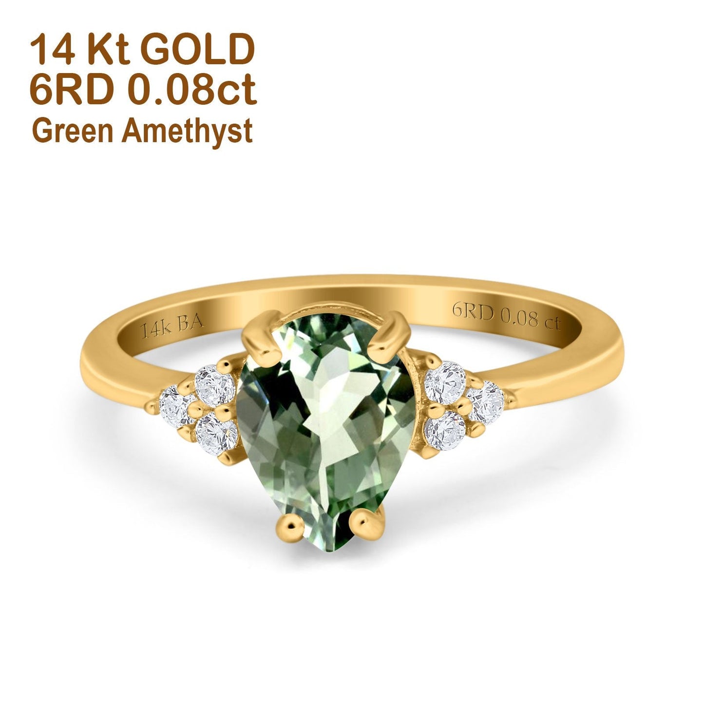 14K Yellow Gold 1.33ct Teardrop Pear 8mmx6mm G SI Natural Green Amethyst Diamond Engagement Wedding Ring Size 6.5