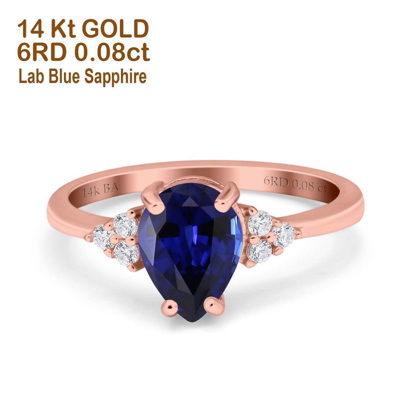 14K Rose Gold 1.33ct Teardrop Pear 8mmx6mm G SI Nano Blue Sapphire Diamond Engagement Wedding Ring Size 6.5