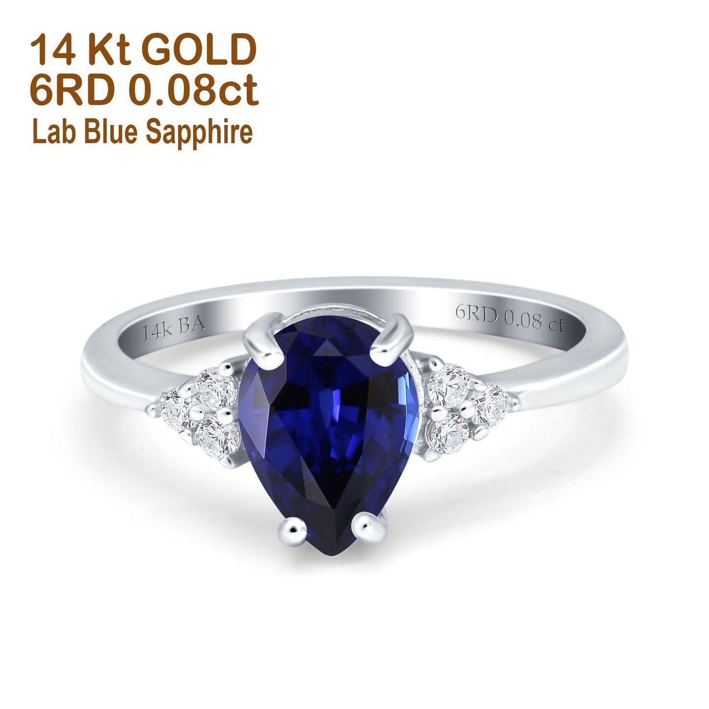 Bague de fiançailles en or blanc 14 carats, 1,33 ct, forme poire en forme de larme, 8 mm x 6 mm, G SI, saphir bleu nano, diamant, taille 6,5