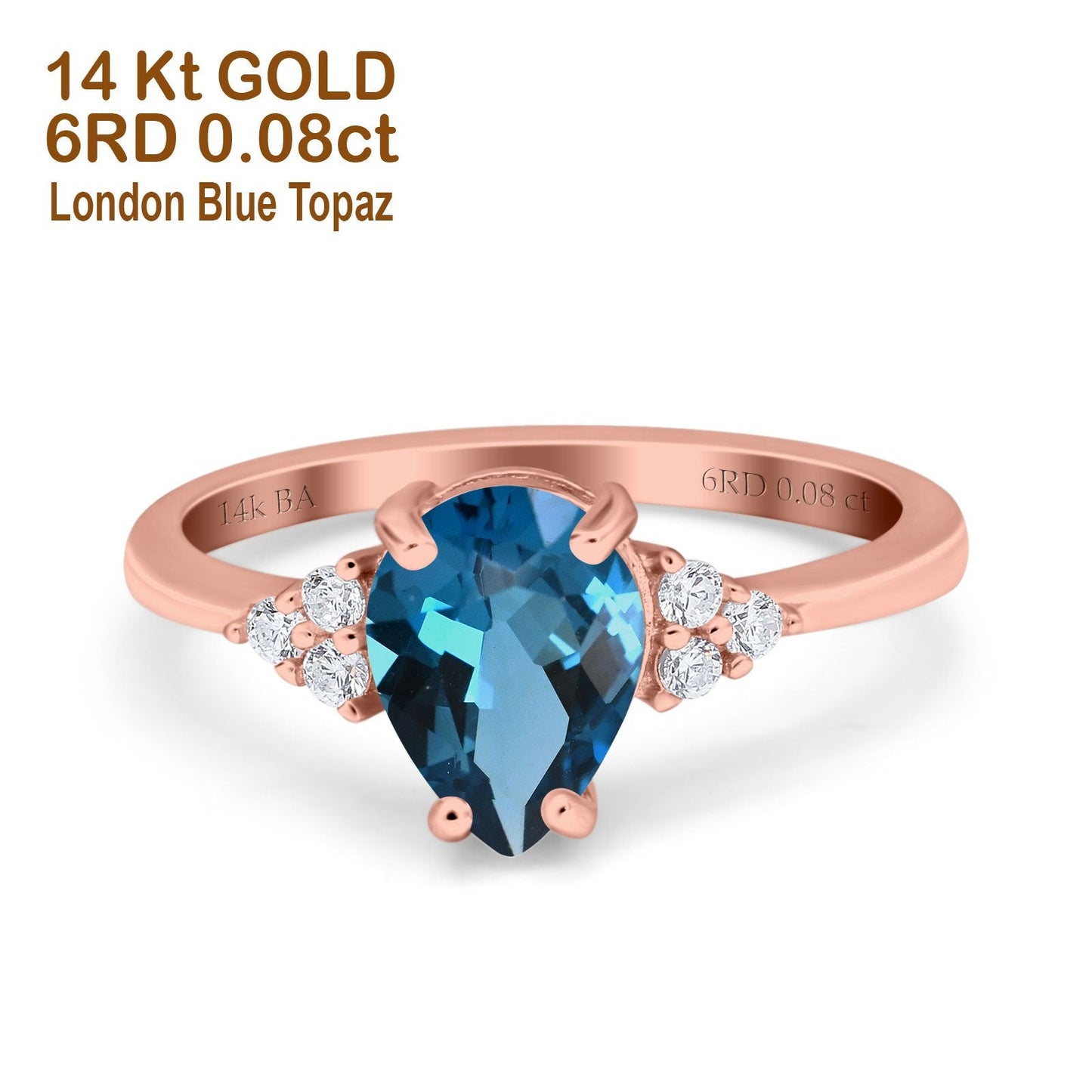 14K Rose Gold 1.33ct Teardrop Pear 8mmx6mm G SI London Blue Topaz Diamond Engagement Wedding Ring Size 6.5