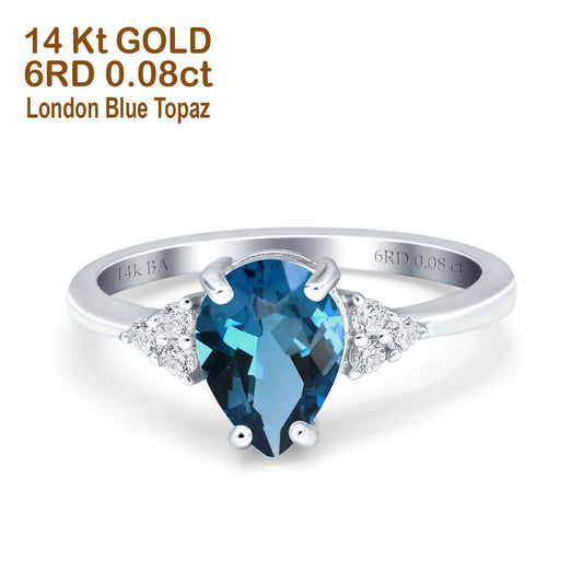 14K White Gold 1.33ct Teardrop Pear 8mmx6mm G SI London Blue Topaz Diamond Engagement Wedding Ring Size 6.5