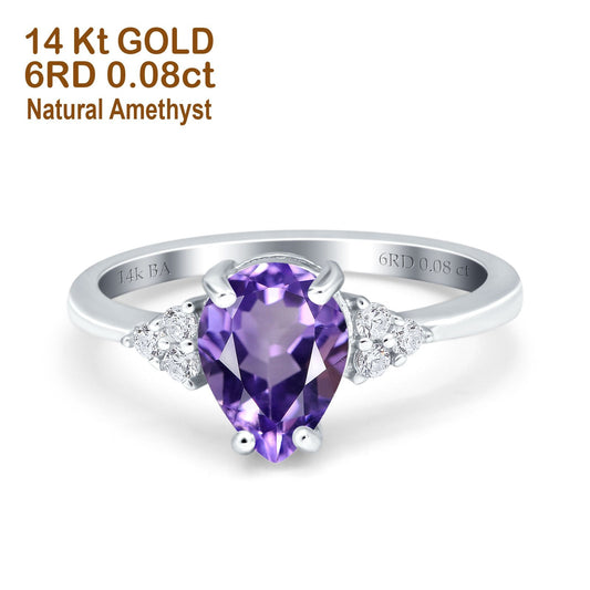 14K White Gold 1.33ct Teardrop Pear 8mmx6mm G SI Natural Amethyst Diamond Engagement Wedding Ring Size 6.5