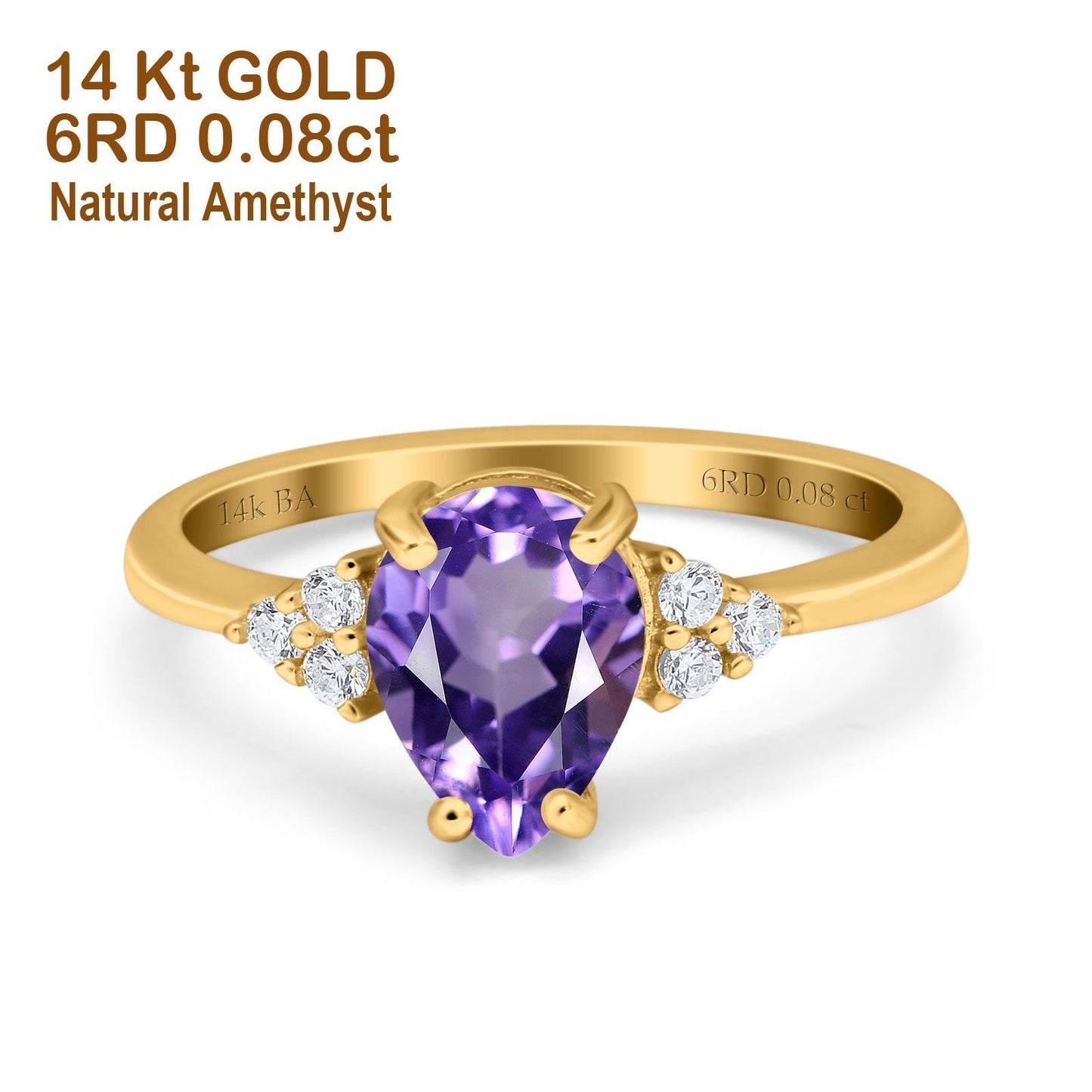 14K Yellow Gold 1.33ct Teardrop Pear 8mmx6mm G SI Natural Amethyst Diamond Engagement Wedding Ring Size 6.5