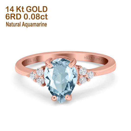 14K Rose Gold 1.33ct Teardrop Pear 8mmx6mm G SI Natural Aquamarine Diamond Engagement Wedding Ring Size 6.5